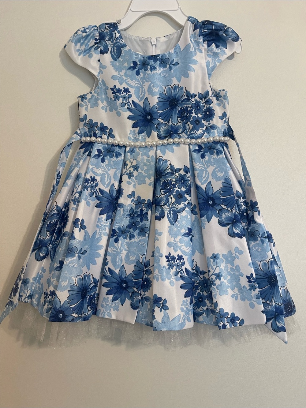 American Princess White and Blue Floral Pearl-Waist Party Dress